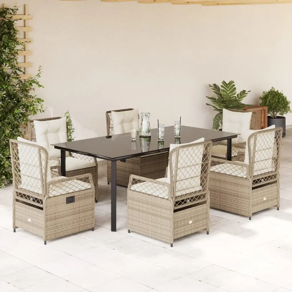 Set da Pranzo da Giardino 7 pz con Cuscini Beige in Polyrattan