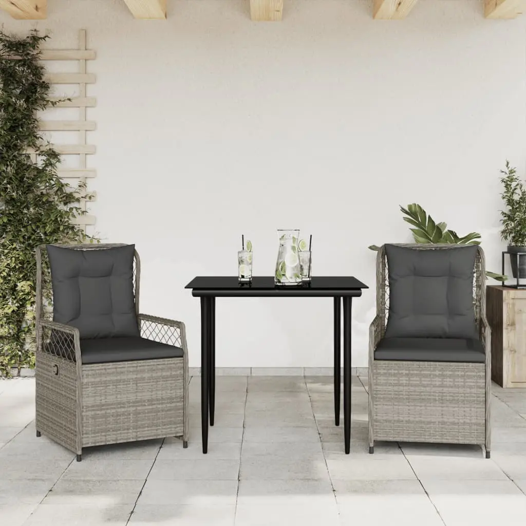 Set Pranzo da Giardino 3pz con Cuscini Grigio Chiaro Polyrattan