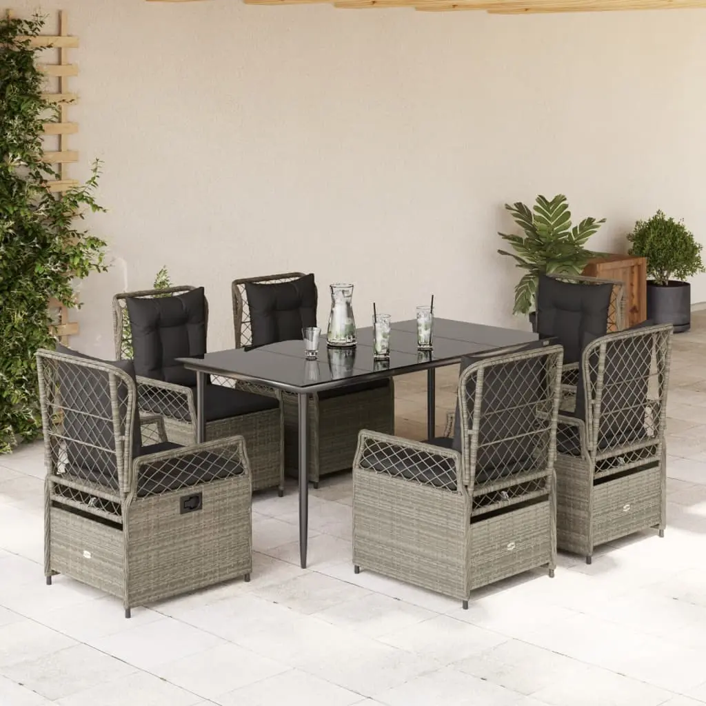 Set da Pranzo da Giardino 7 pz Cuscini Polyrattan Grigio Chiaro