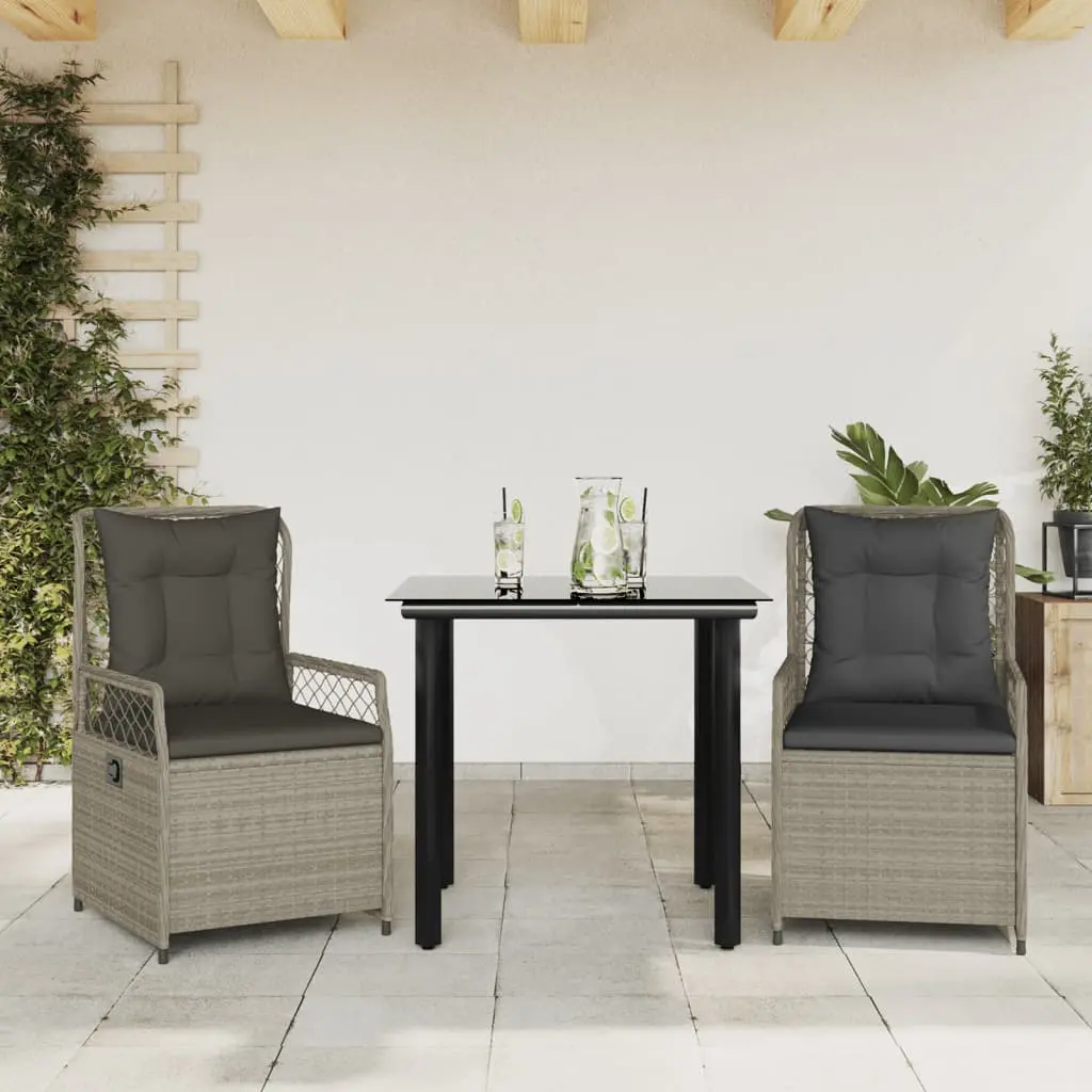 Set Pranzo da Giardino 3pz con Cuscini Grigio Chiaro Polyrattan