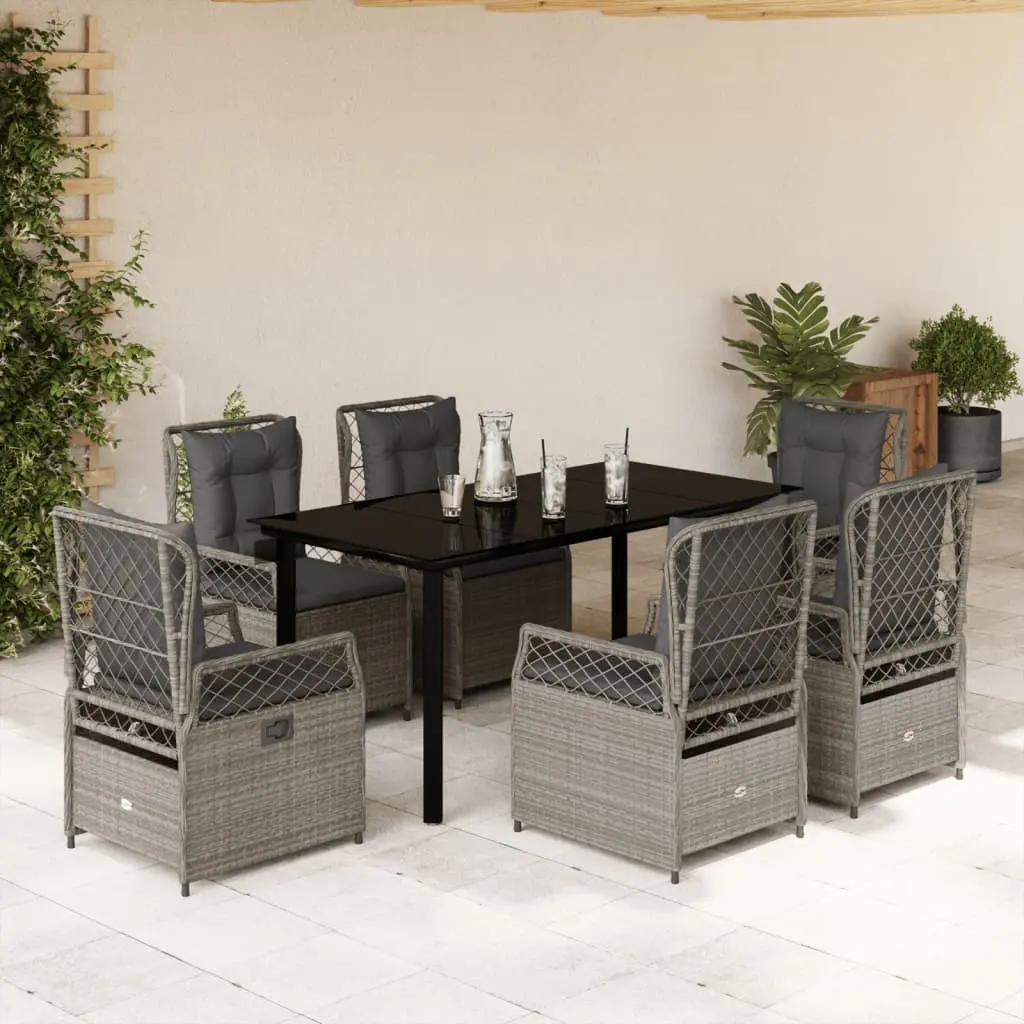 Set da Pranzo da Giardino 7 pz Cuscini Polyrattan Grigio Chiaro