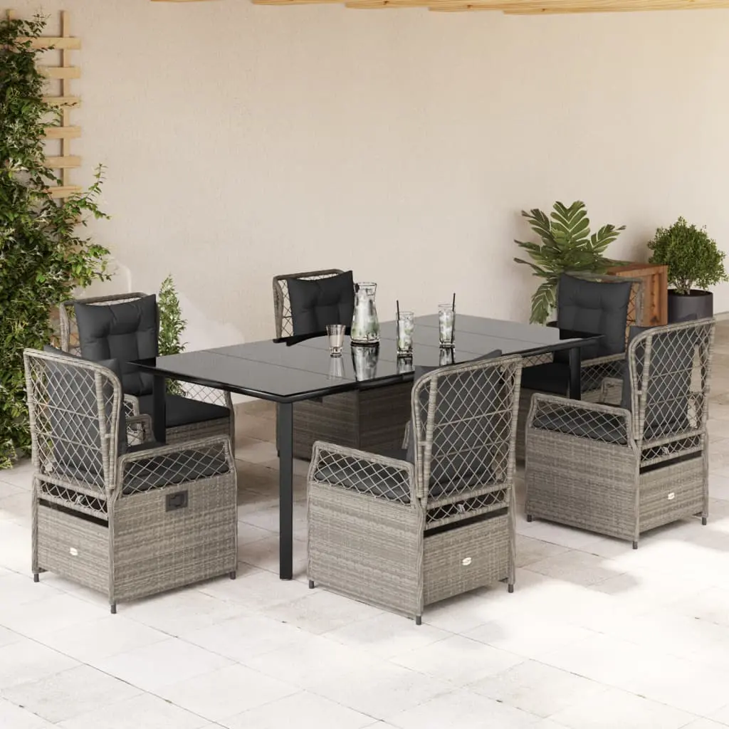 Set da Pranzo da Giardino 7 pz Cuscini Polyrattan Grigio Chiaro