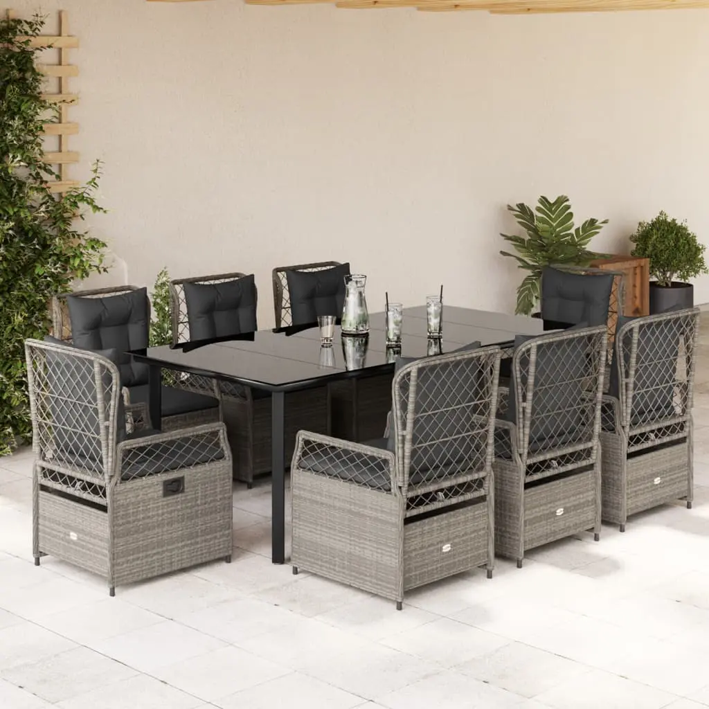 Set Pranzo da Giardino 9pz con Cuscini Grigio Chiaro Polyrattan