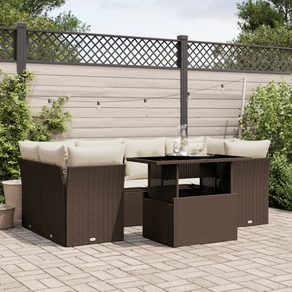 Set Divani da Giardino 7 pz con Cuscini Marrone in Polyrattan