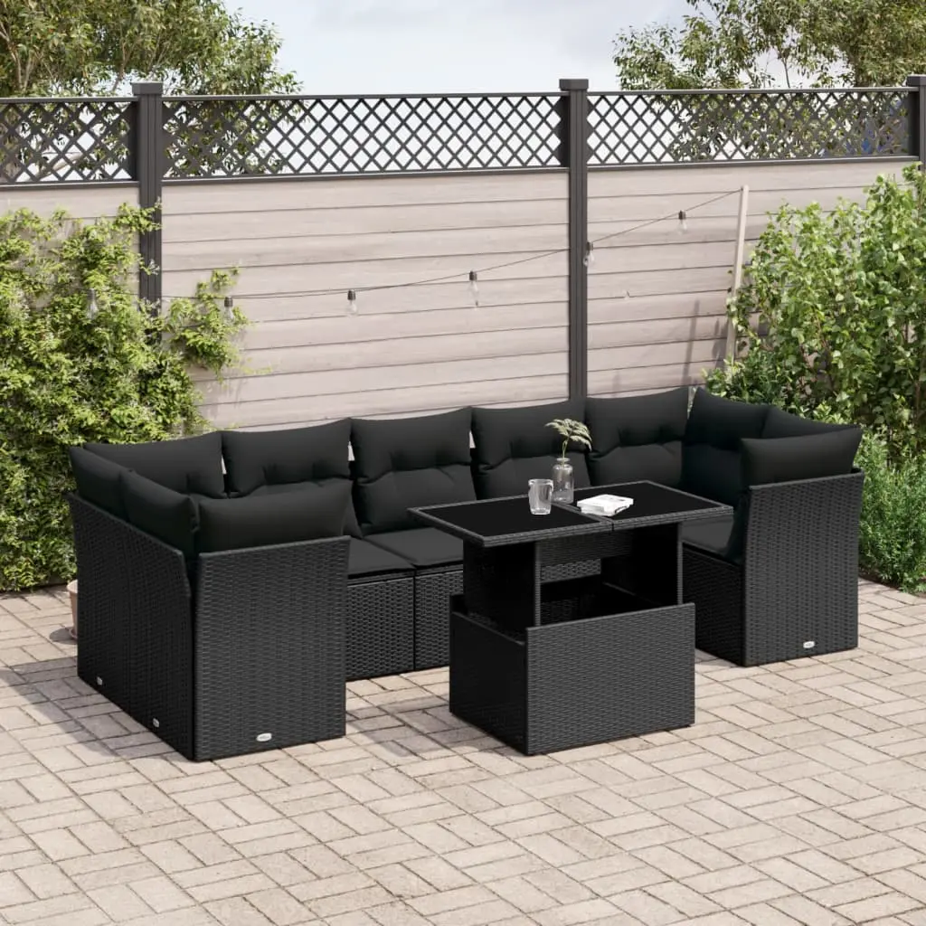 Set Divani da Giardino con Cuscini 8 pz Nero in Polyrattan