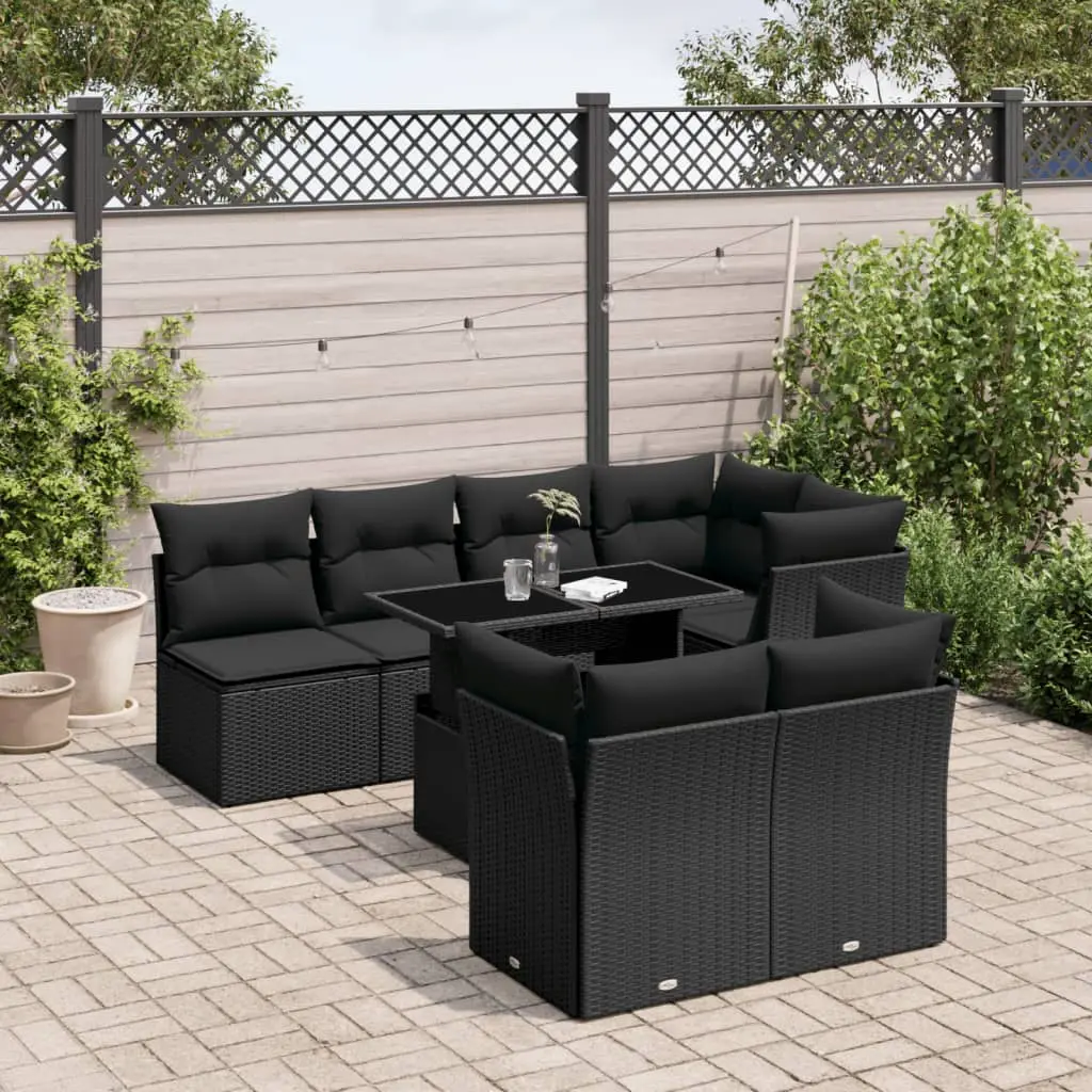 Set Divani da Giardino con Cuscini 8 pz Nero in Polyrattan