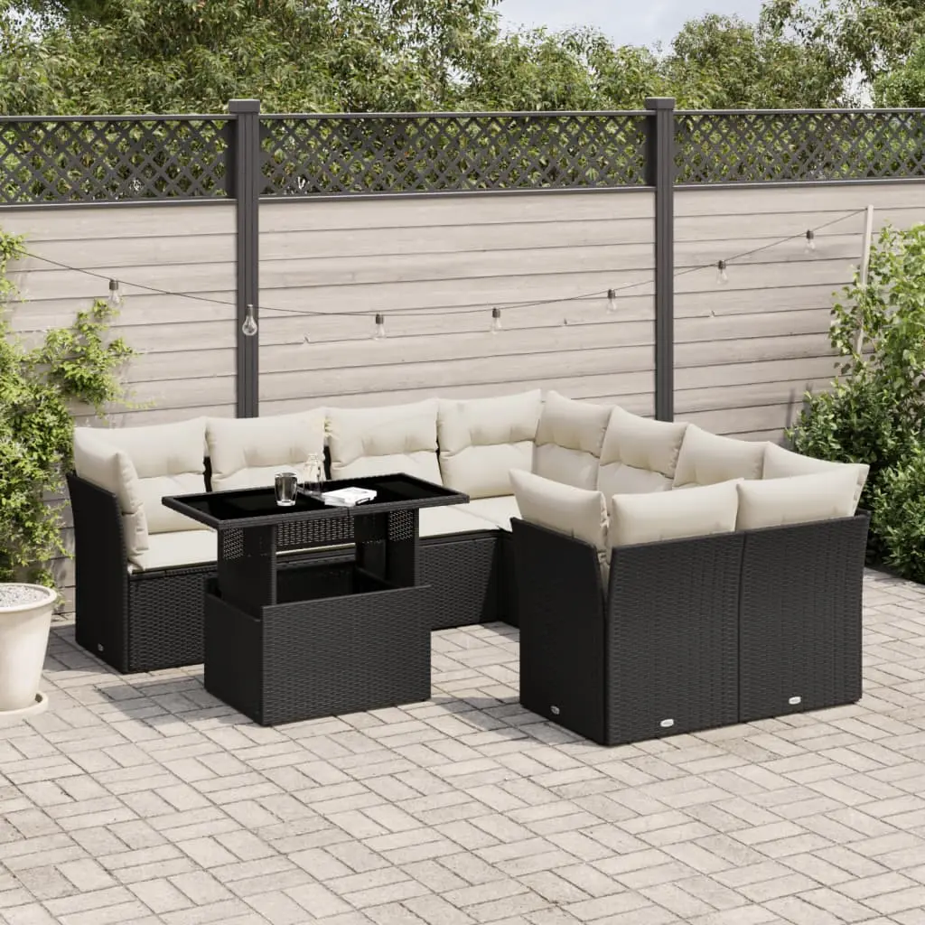 Set Divani da Giardino 9 pz con Cuscini Nero in Polyrattan