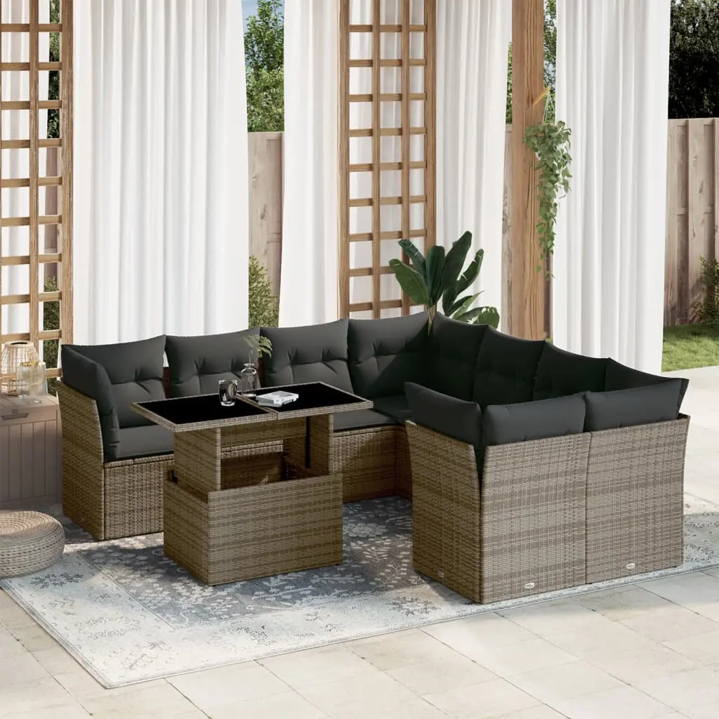 Set Divano da Giardino 9 pz con Cuscini Grigio in Polyrattan