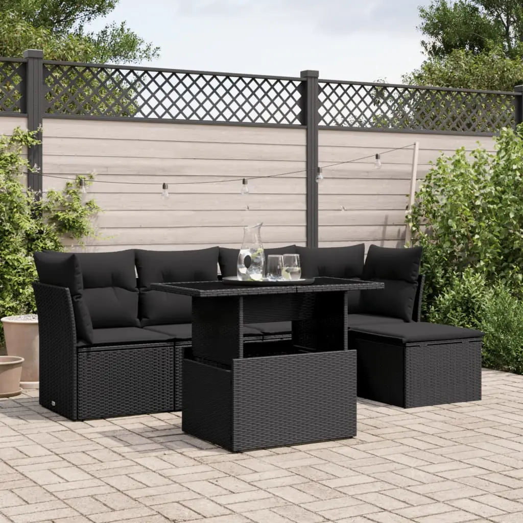 Set Divano da Giardino 6 pz con Cuscini Nero in Polyrattan