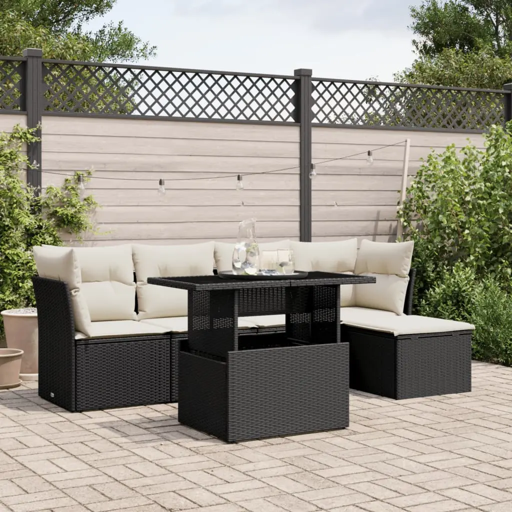 Set Divano da Giardino 6 pz con Cuscini Nero in Polyrattan