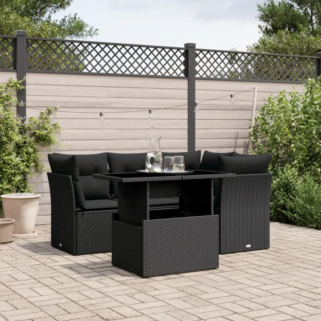 Set Divani da Giardino 5 pz con Cuscini in Polyrattan Nero