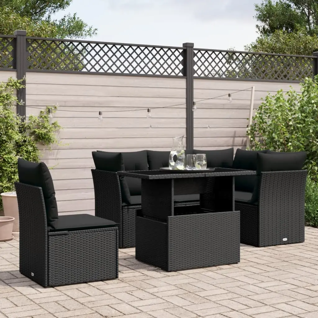 Set Divano da Giardino 6 pz con Cuscini Nero in Polyrattan