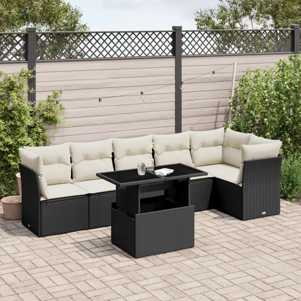 Set Divani da Giardino con Cuscini 7pz Nero Polyrattan