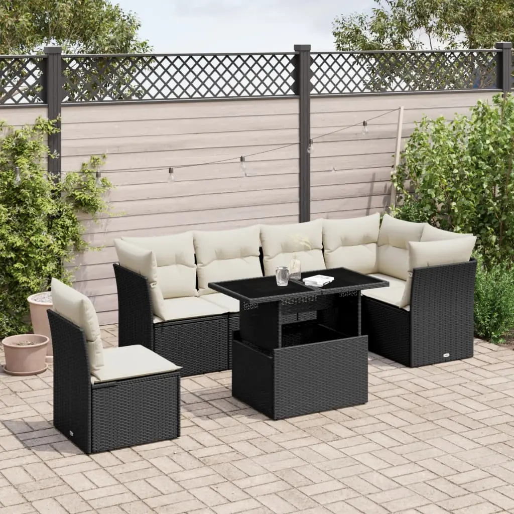 Set Divani da Giardino con Cuscini 7pz Nero Polyrattan