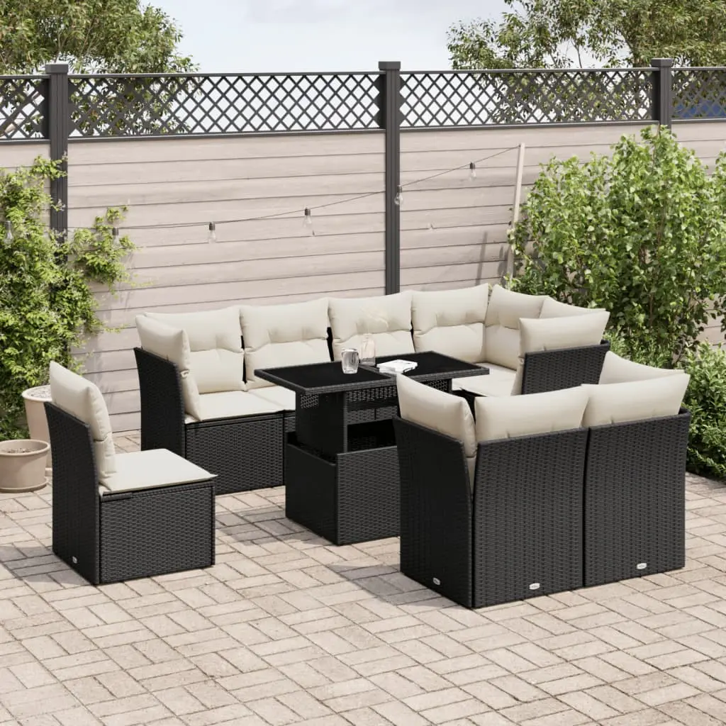 Set Divani da Giardino 9 pz con Cuscini Nero in Polyrattan