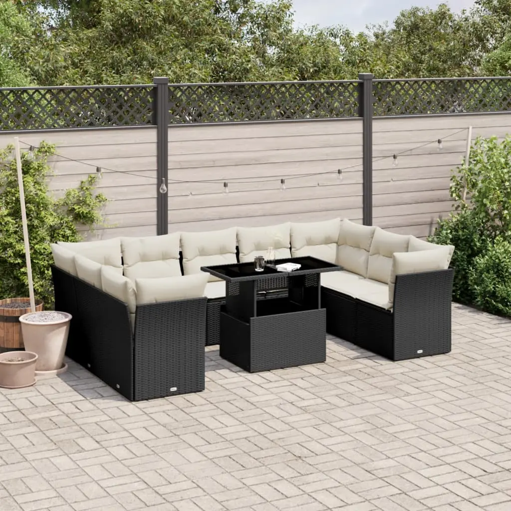 Set Divani da Giardino 10pz con Cuscini in Polyrattan Nero