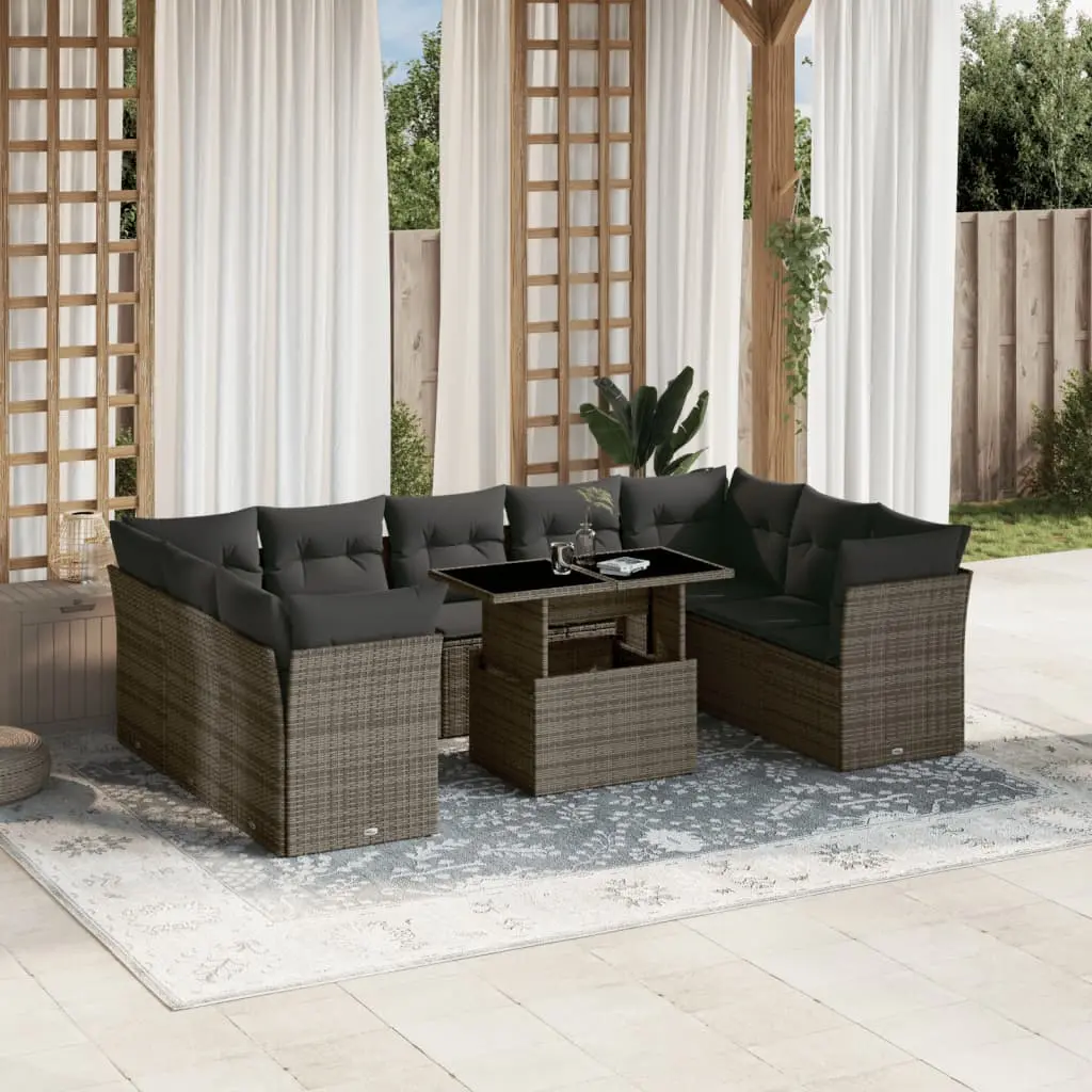 Set Divano da Giardino 10 pz con Cuscini Grigio in Polyrattan