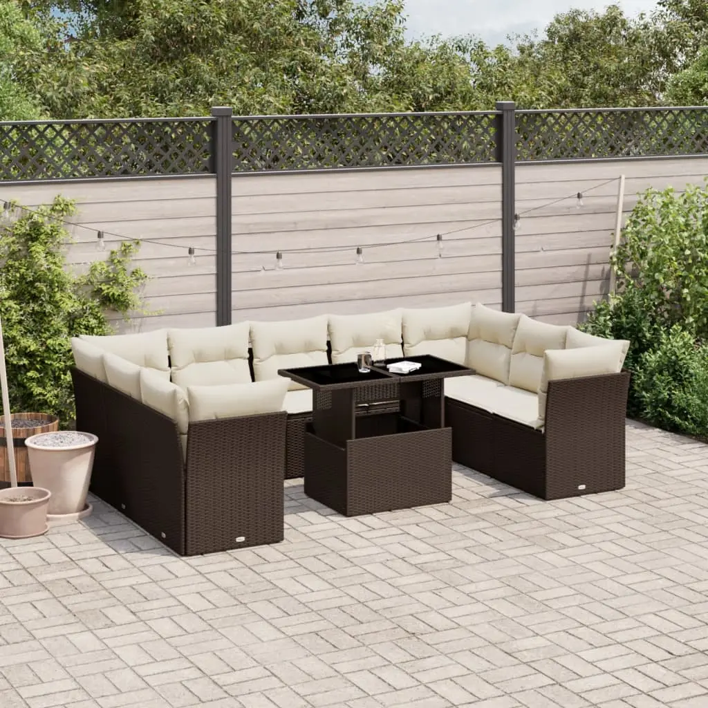 Set Divani da Giardino 10pz con Cuscini in Polyrattan Marrone