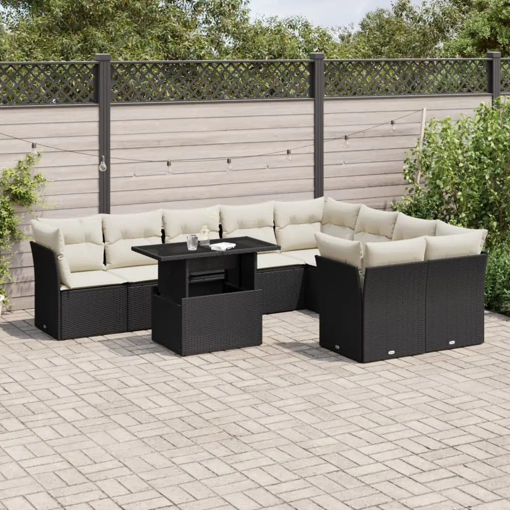 Set Divani da Giardino 10pz con Cuscini in Polyrattan Nero