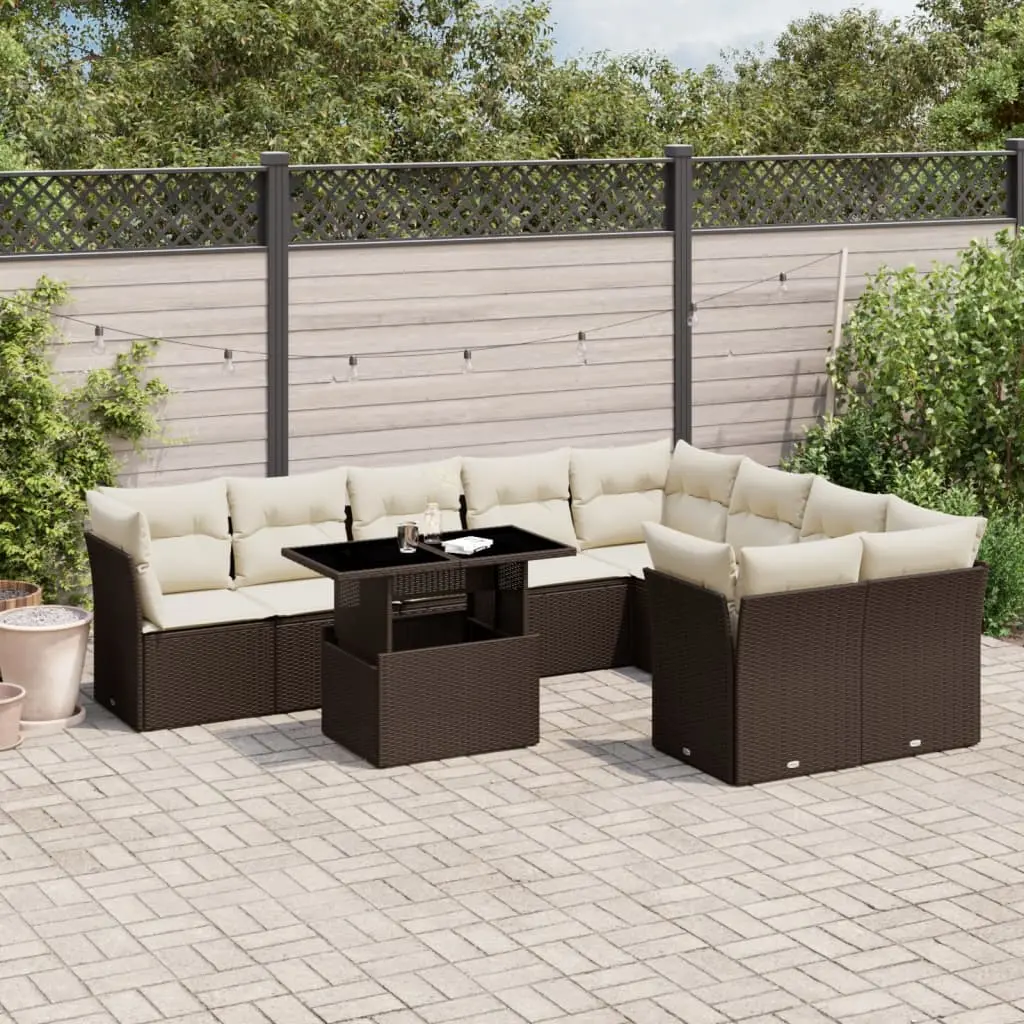 Set Divani da Giardino 10pz con Cuscini in Polyrattan Marrone