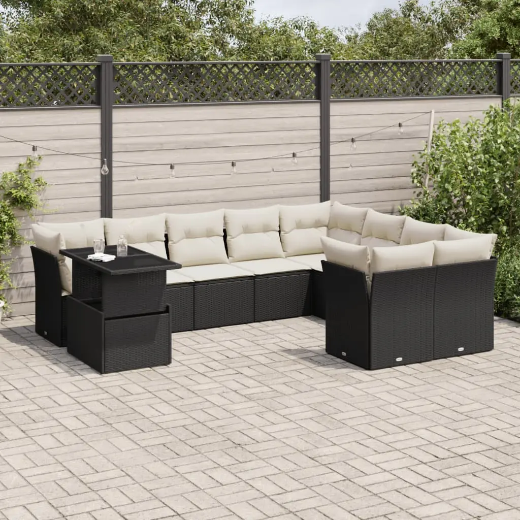 Set Divani da Giardino 10pz con Cuscini in Polyrattan Nero