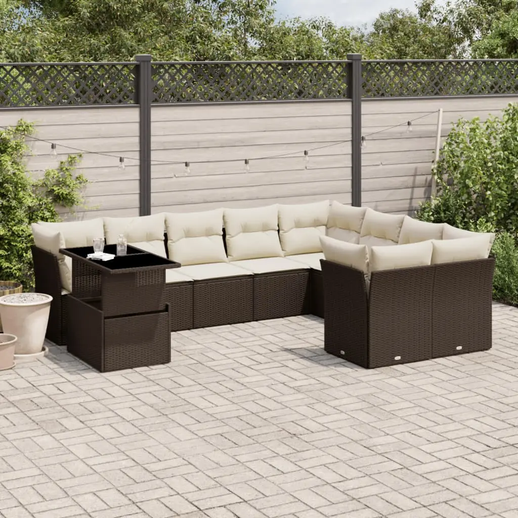 Set Divani da Giardino 10pz con Cuscini in Polyrattan Marrone