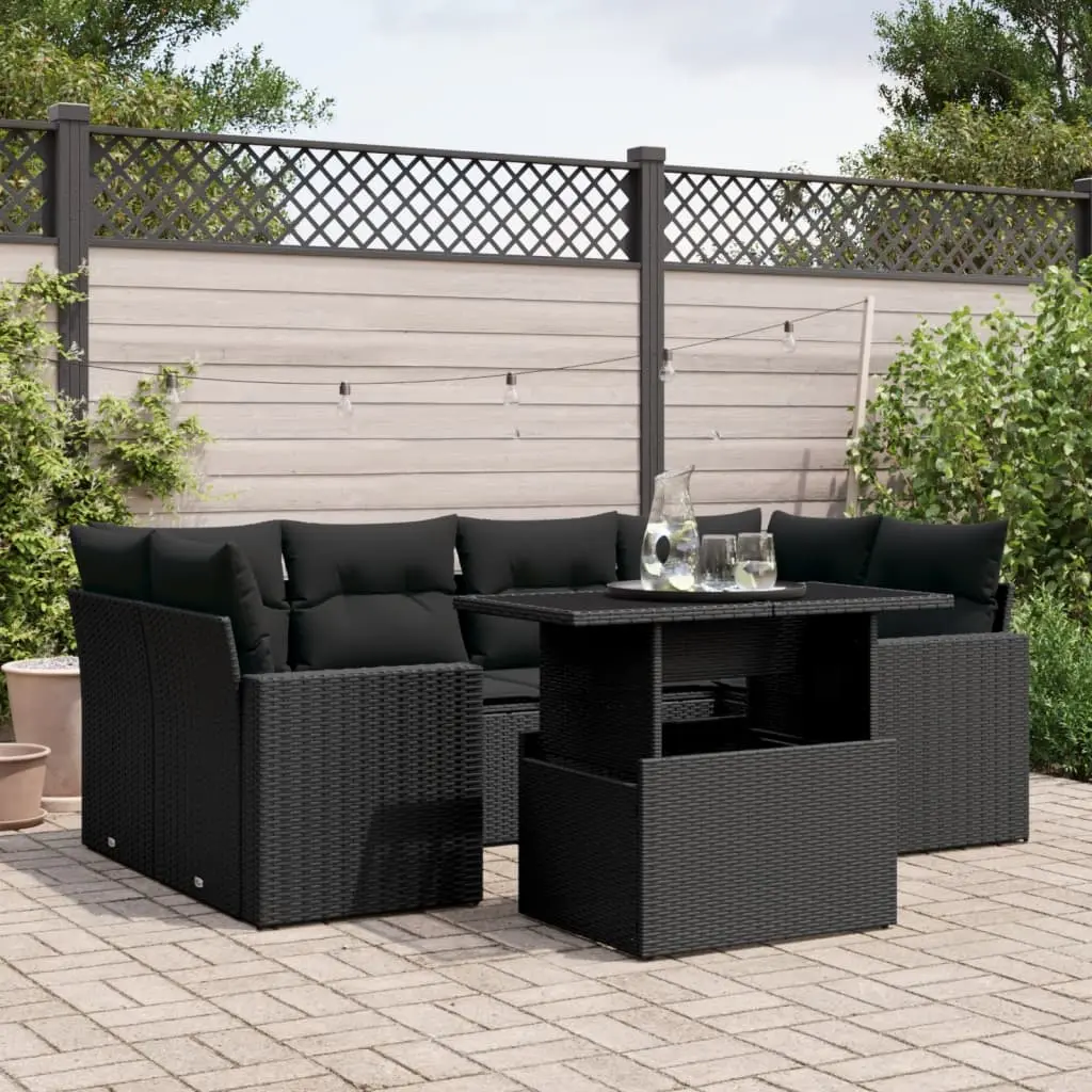 Set Divani da Giardino con Cuscini 7pz Nero Polyrattan