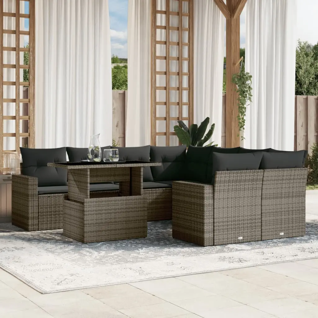 Set Divano da Giardino 9 pz con Cuscini Grigio in Polyrattan