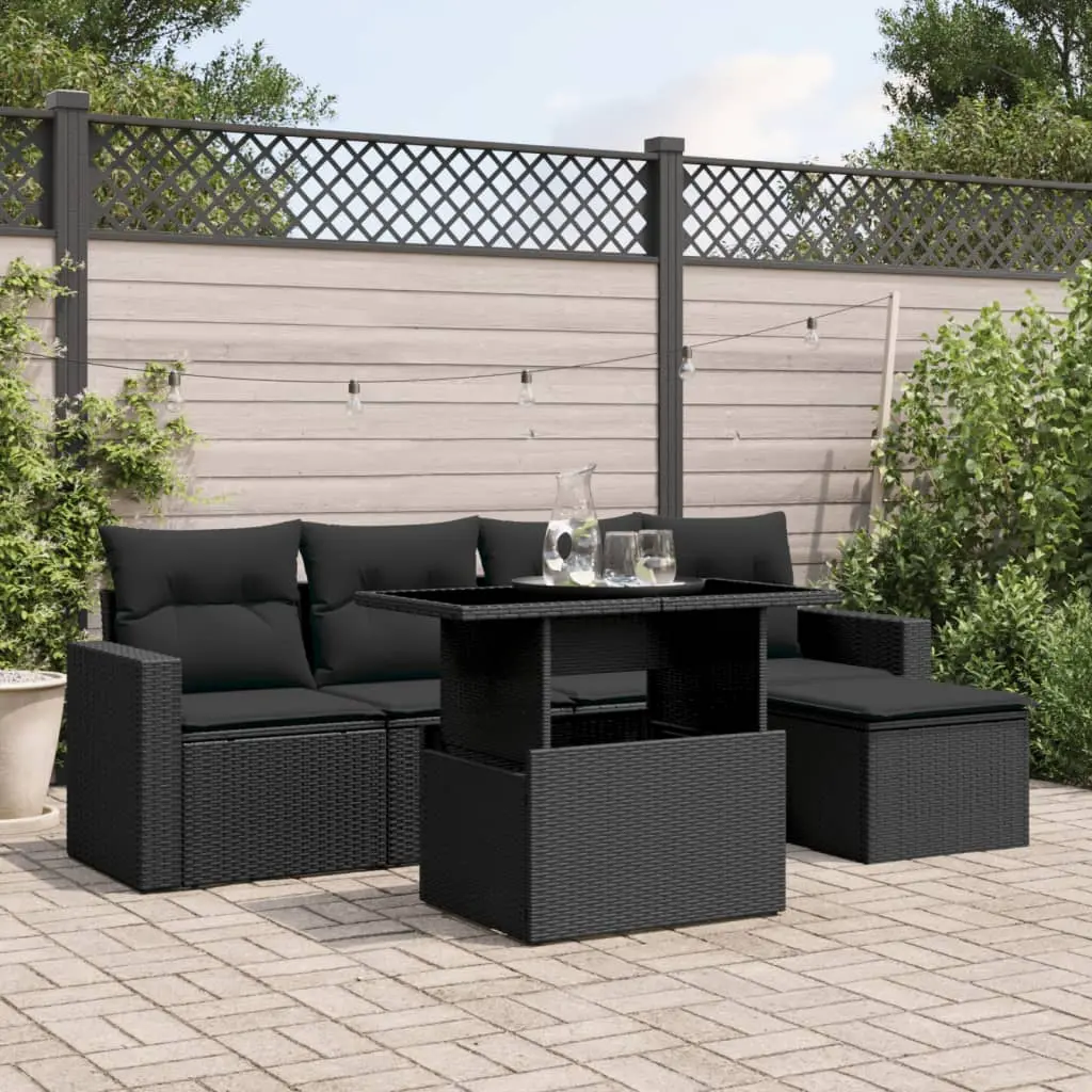 Set Divano da Giardino 6 pz con Cuscini Nero in Polyrattan