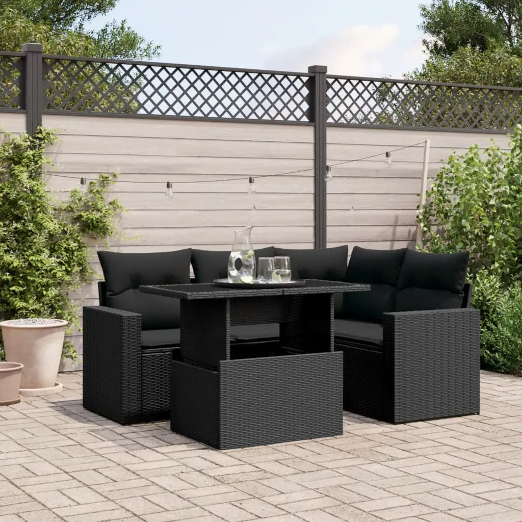 Set Divani da Giardino 5 pz con Cuscini in Polyrattan Nero