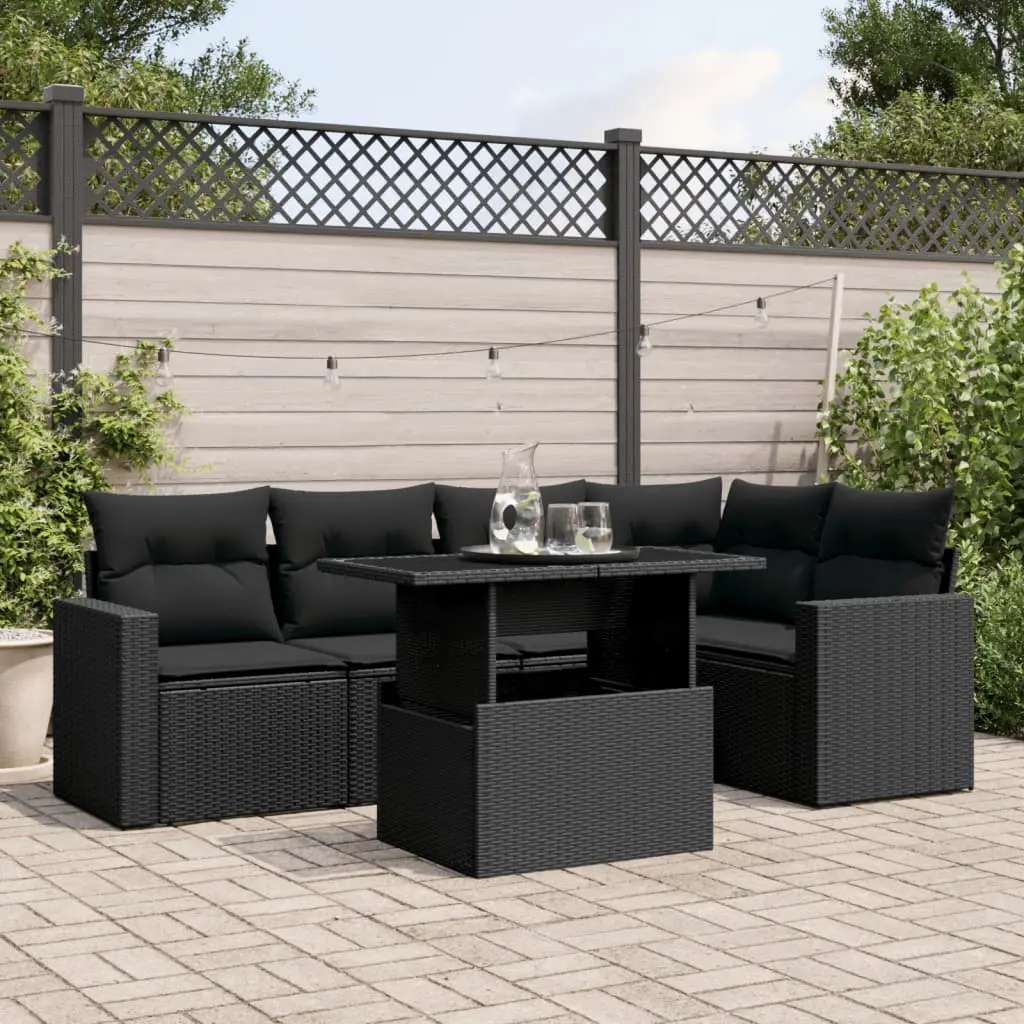 Set Divano da Giardino 6 pz con Cuscini Nero in Polyrattan