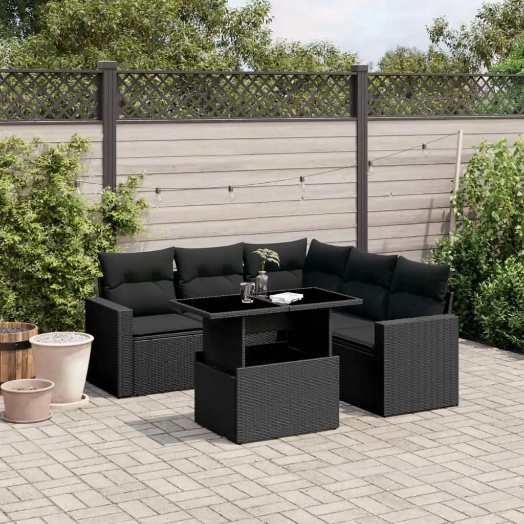 Set Divano da Giardino 6 pz con Cuscini Nero in Polyrattan