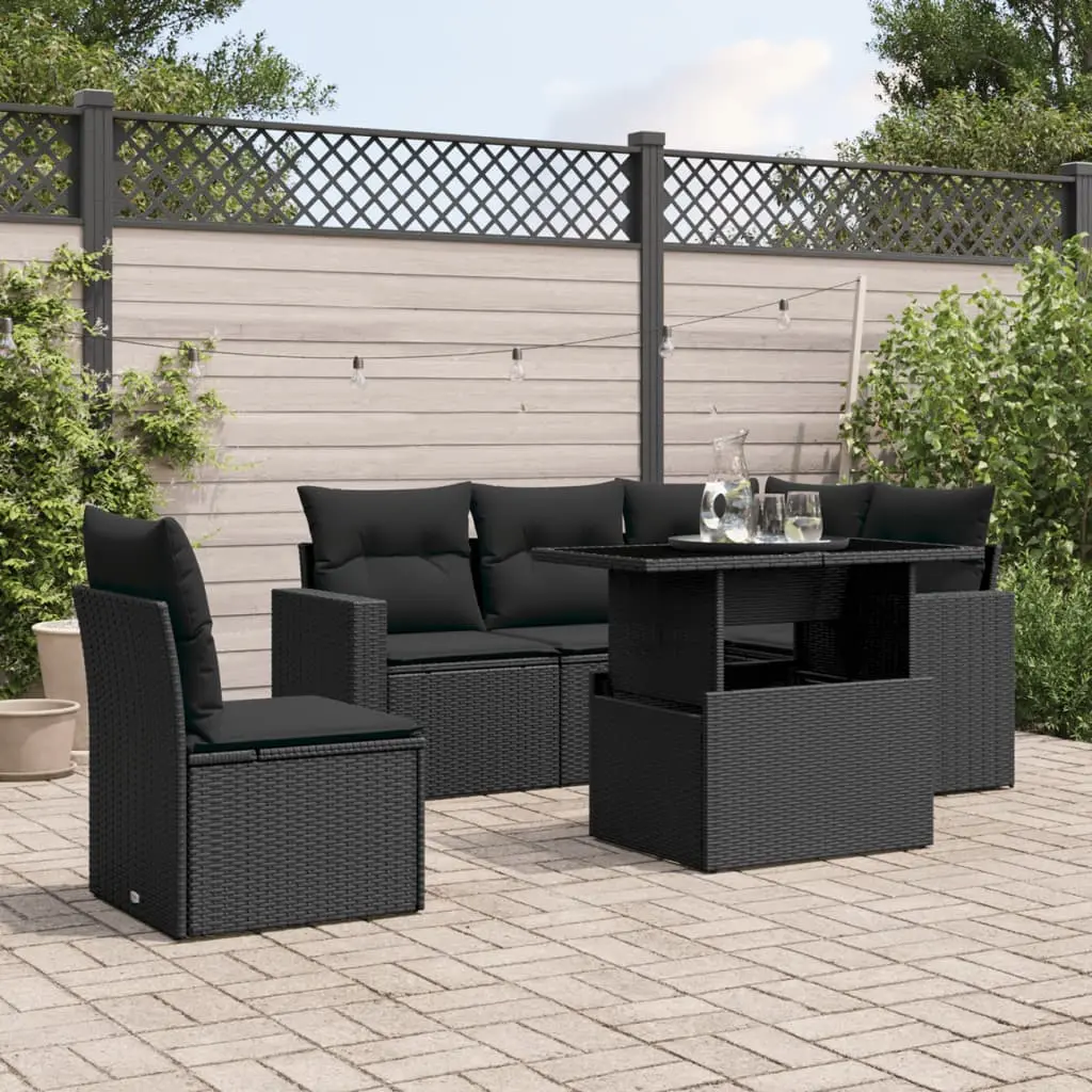 Set Divano da Giardino 6 pz con Cuscini Nero in Polyrattan