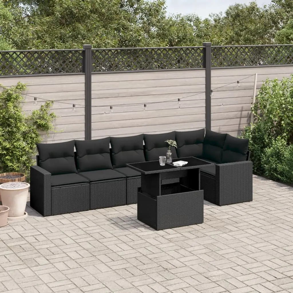 Set Divani da Giardino con Cuscini 7pz Nero Polyrattan