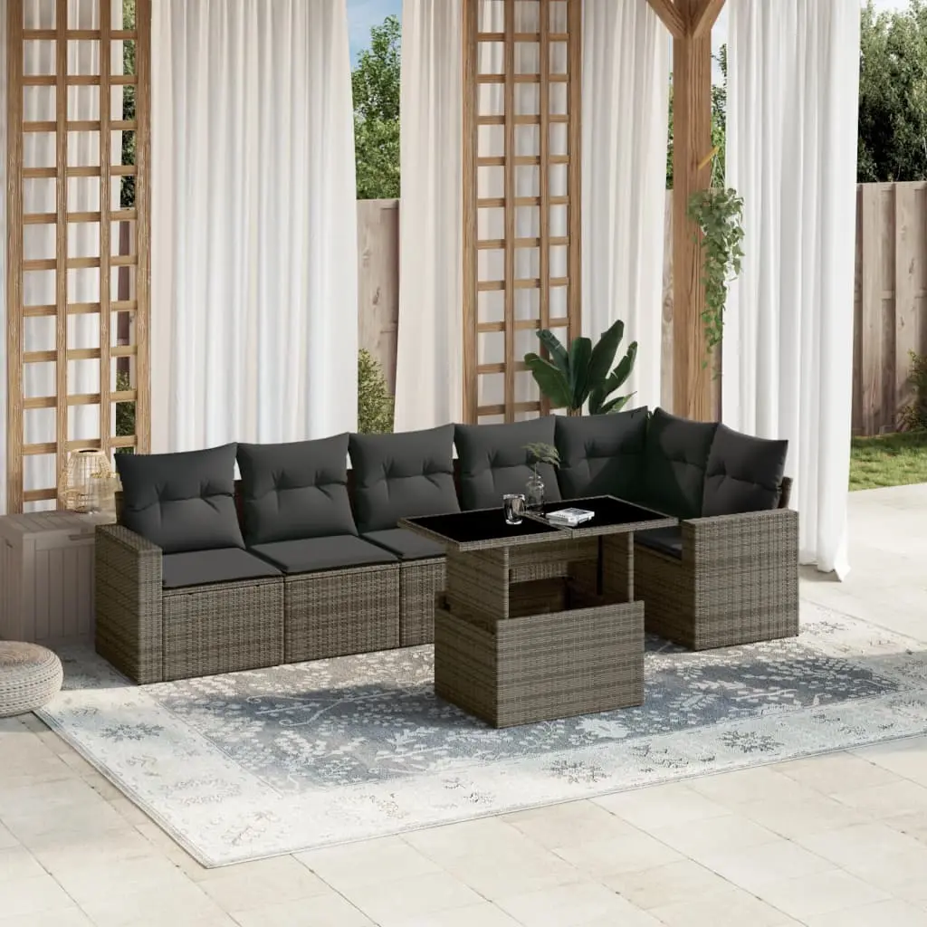 Set Divani da Giardino 7 pz con Cuscini Grigio in Polyrattan