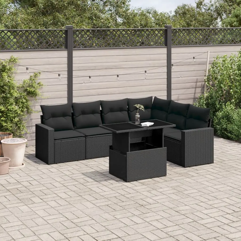 Set Divani da Giardino con Cuscini 7pz Nero Polyrattan