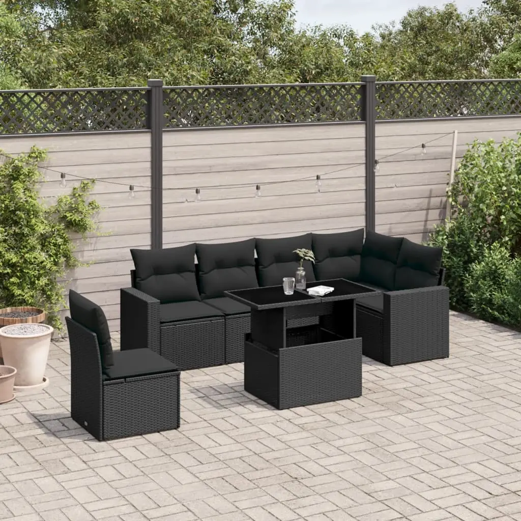 Set Divani da Giardino con Cuscini 7pz Nero Polyrattan