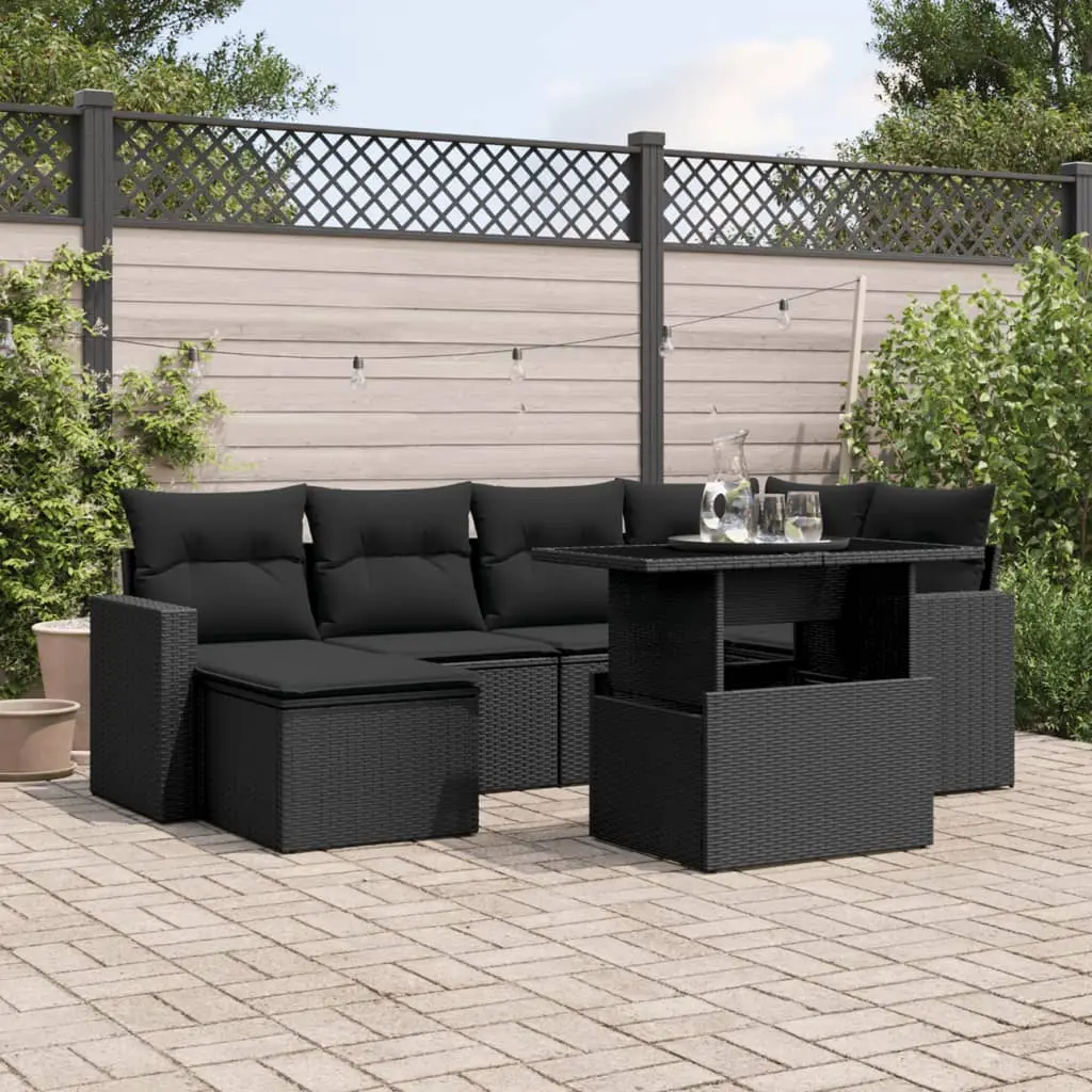 Set Divani da Giardino con Cuscini 7pz Nero Polyrattan