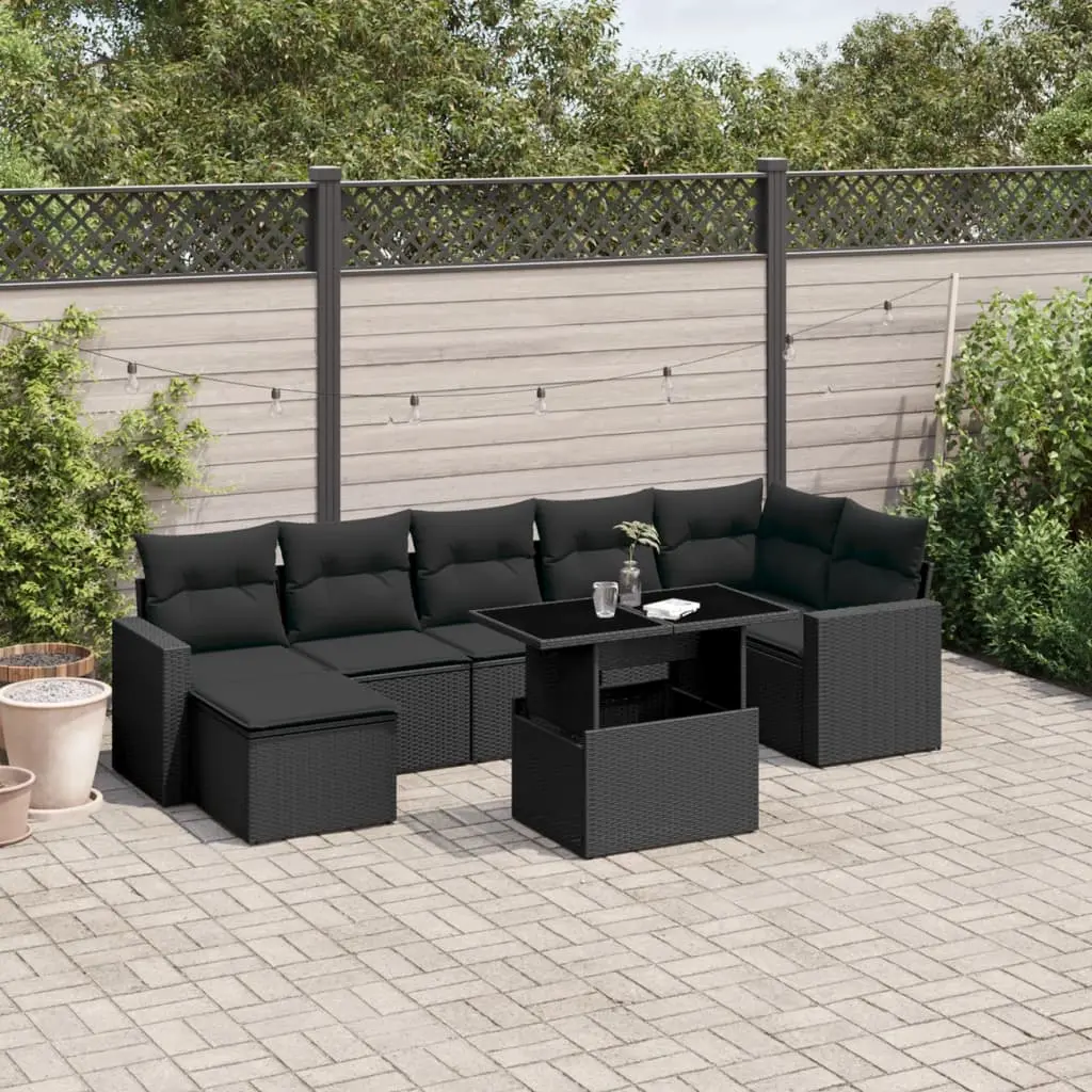 Set Divani da Giardino con Cuscini 8 pz Nero in Polyrattan