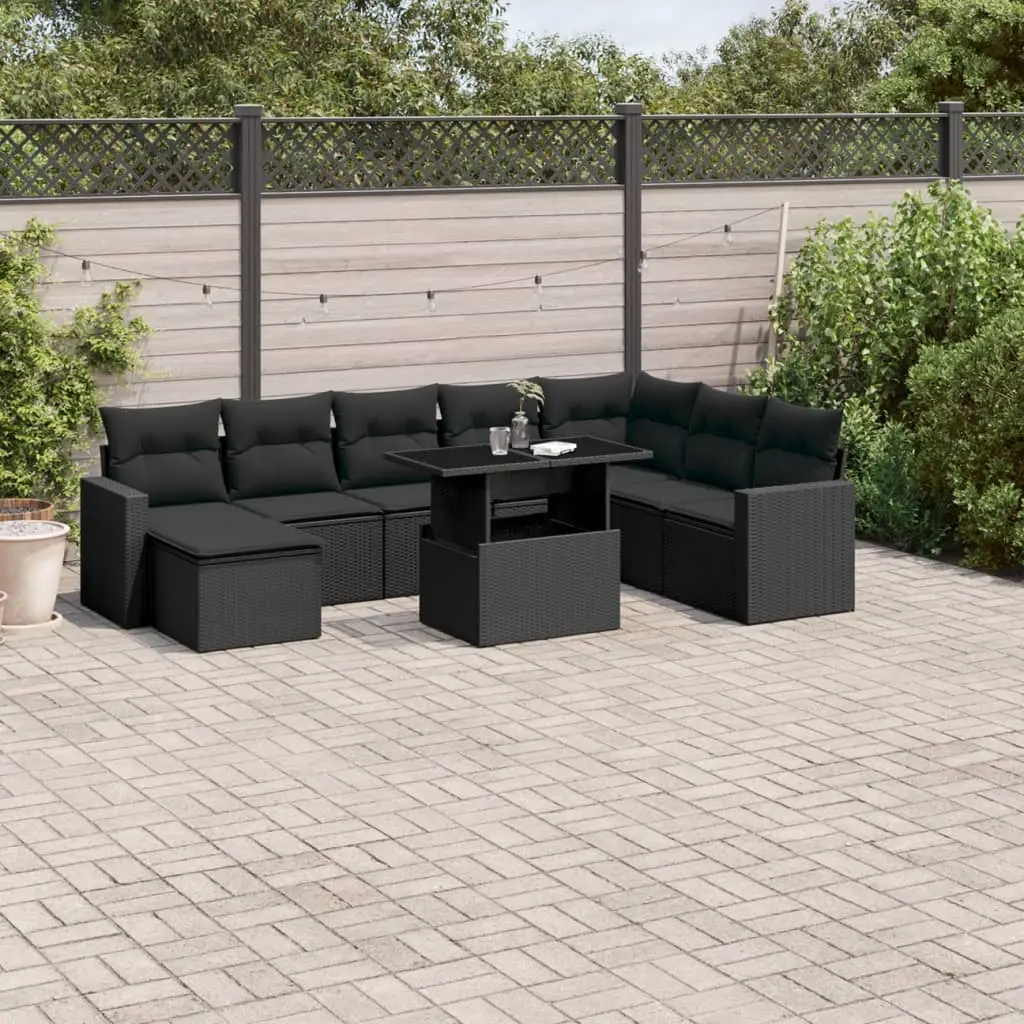 Set Divani da Giardino 9 pz con Cuscini Nero in Polyrattan