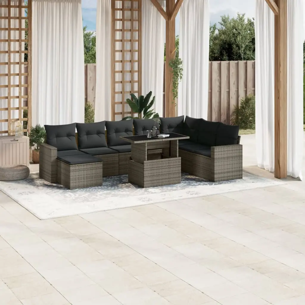 Set Divano da Giardino 9 pz con Cuscini Grigio in Polyrattan