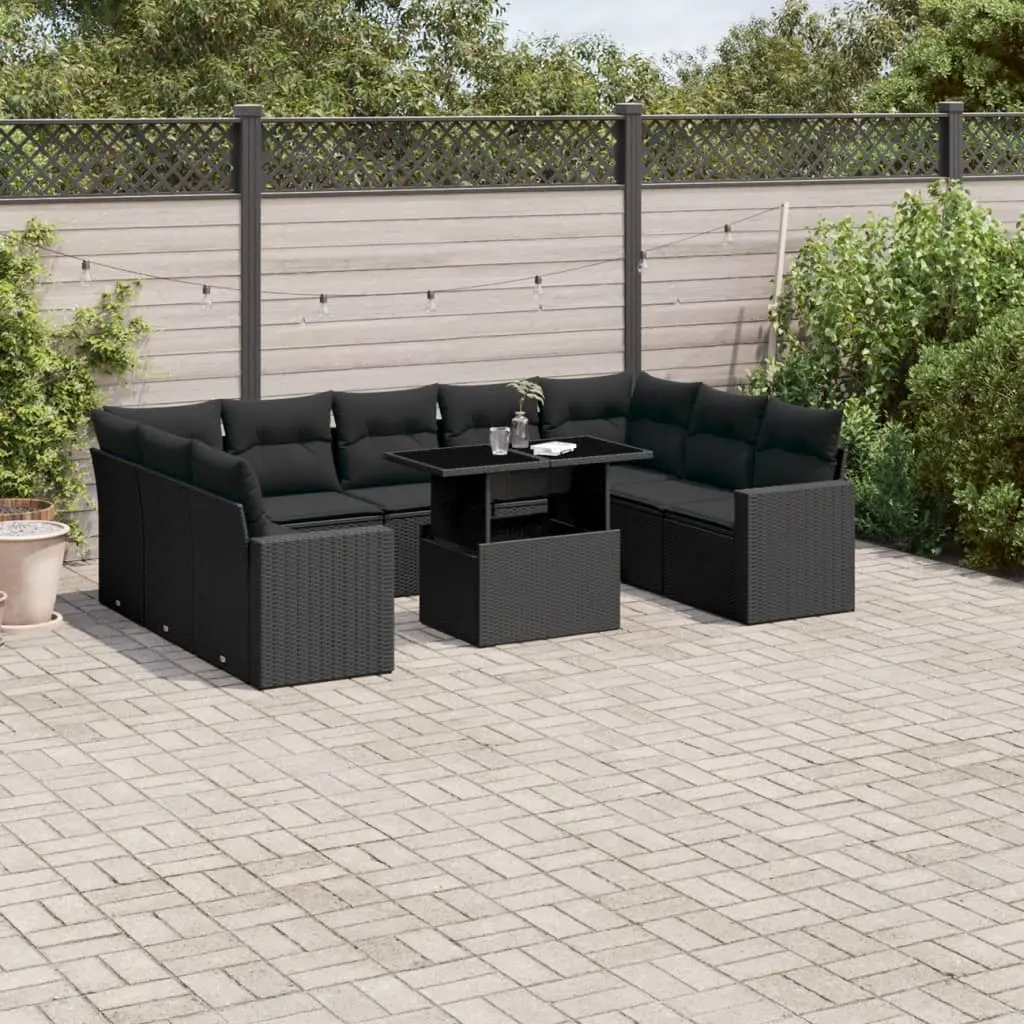 Set Divani da Giardino 10pz con Cuscini in Polyrattan Nero