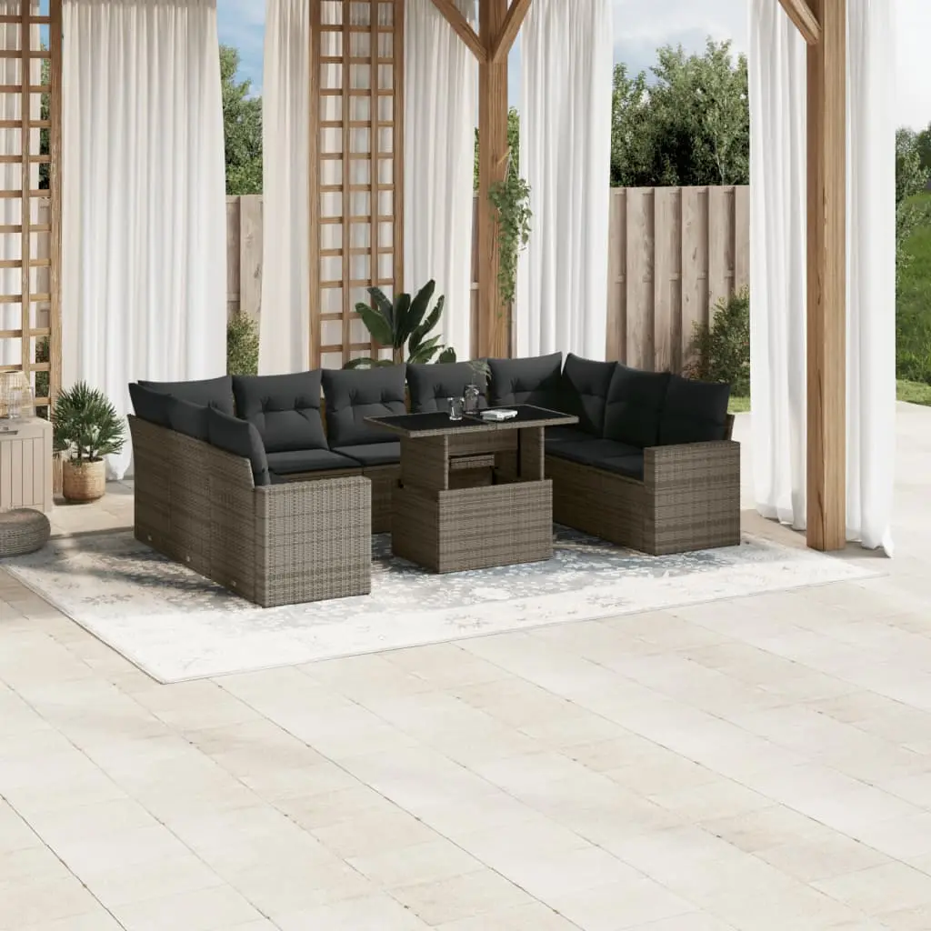 Set Divano da Giardino 10 pz con Cuscini Grigio in Polyrattan