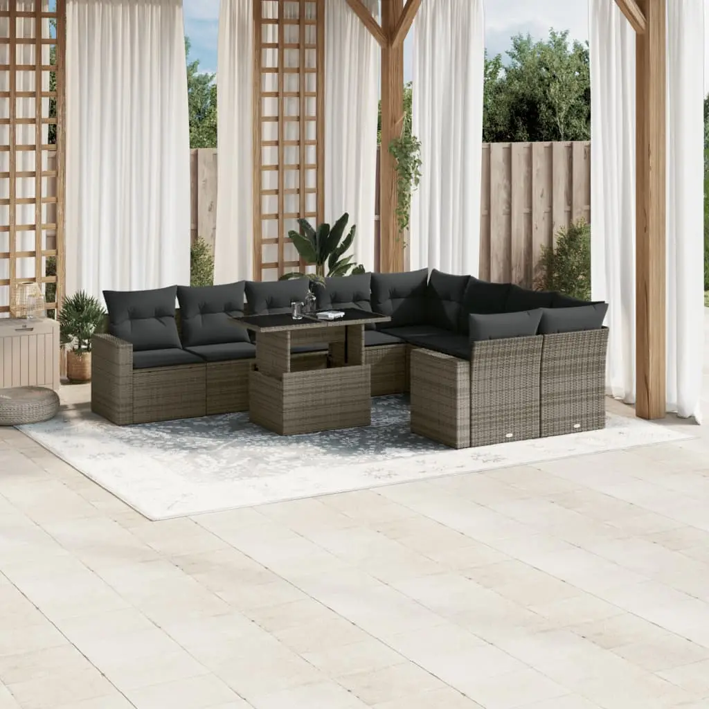 Set Divano da Giardino 10 pz con Cuscini Grigio in Polyrattan