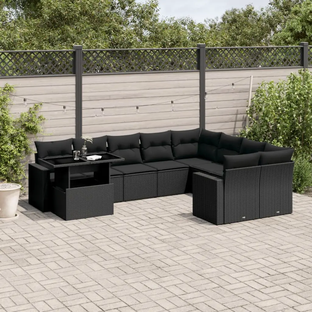 Set Divani da Giardino 10pz con Cuscini in Polyrattan Nero