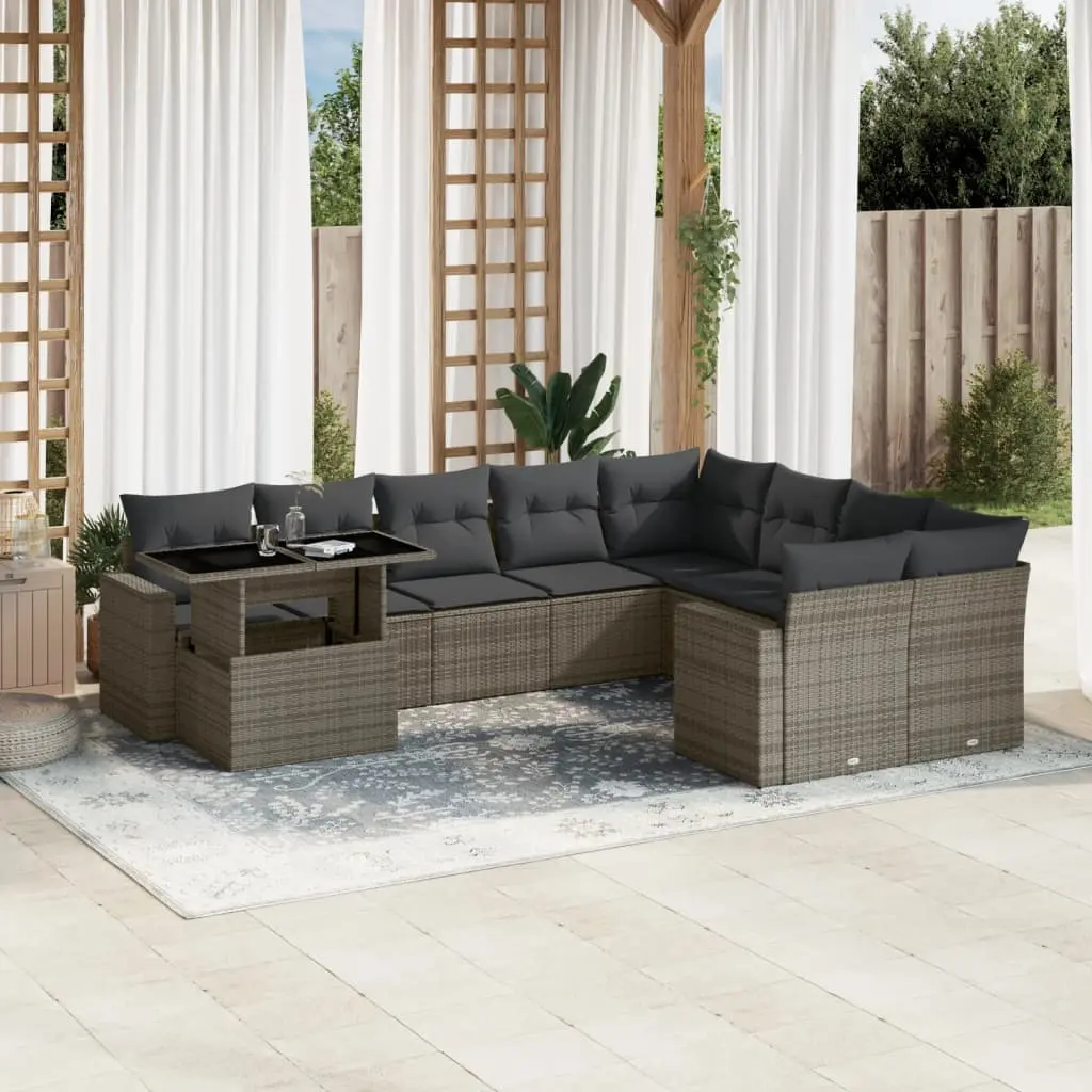 Set Divano da Giardino 10 pz con Cuscini Grigio in Polyrattan