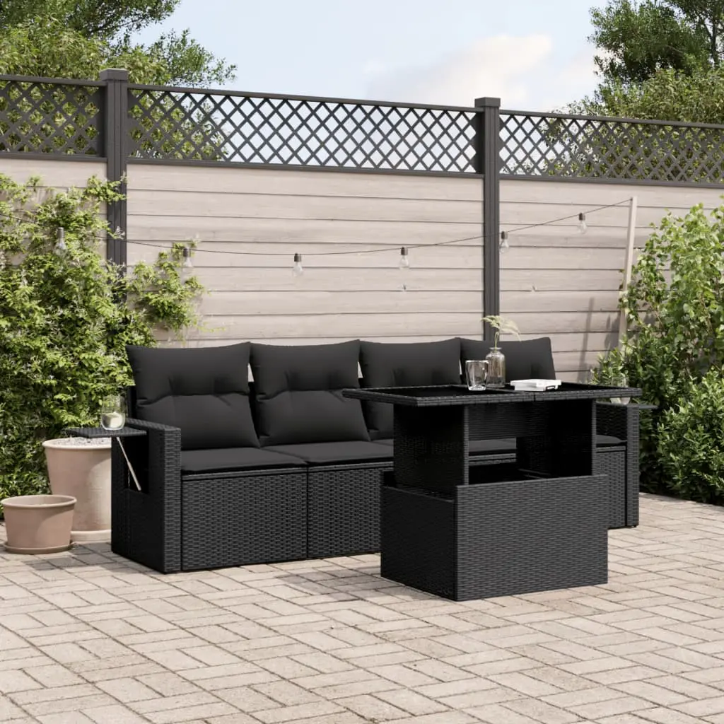 Set Divani da Giardino 5 pz con Cuscini in Polyrattan Nero