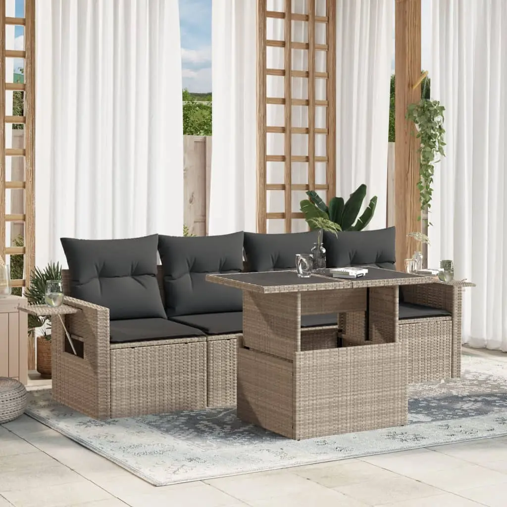 Set Divano da Giardino 5pz con Cuscini Grigio Chiaro Polyrattan