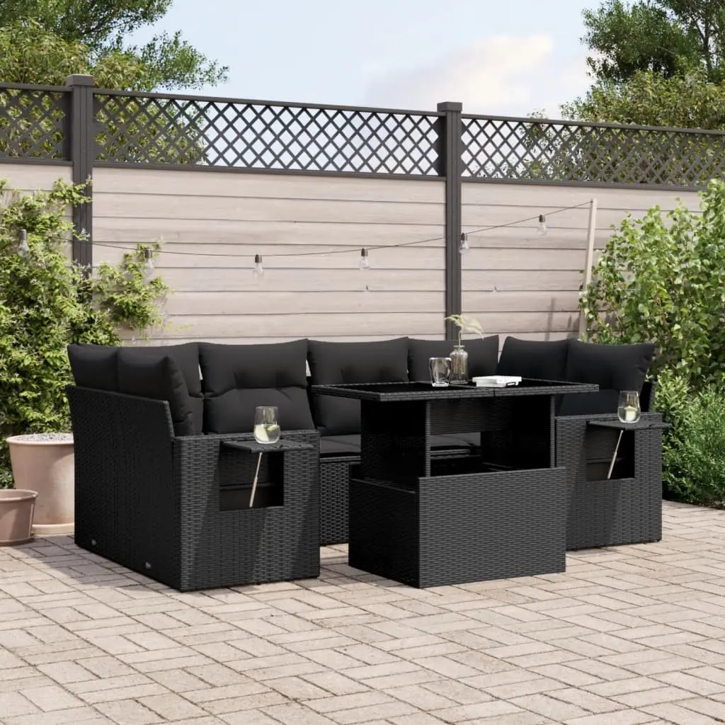 Set Divani da Giardino con Cuscini 7pz Nero Polyrattan