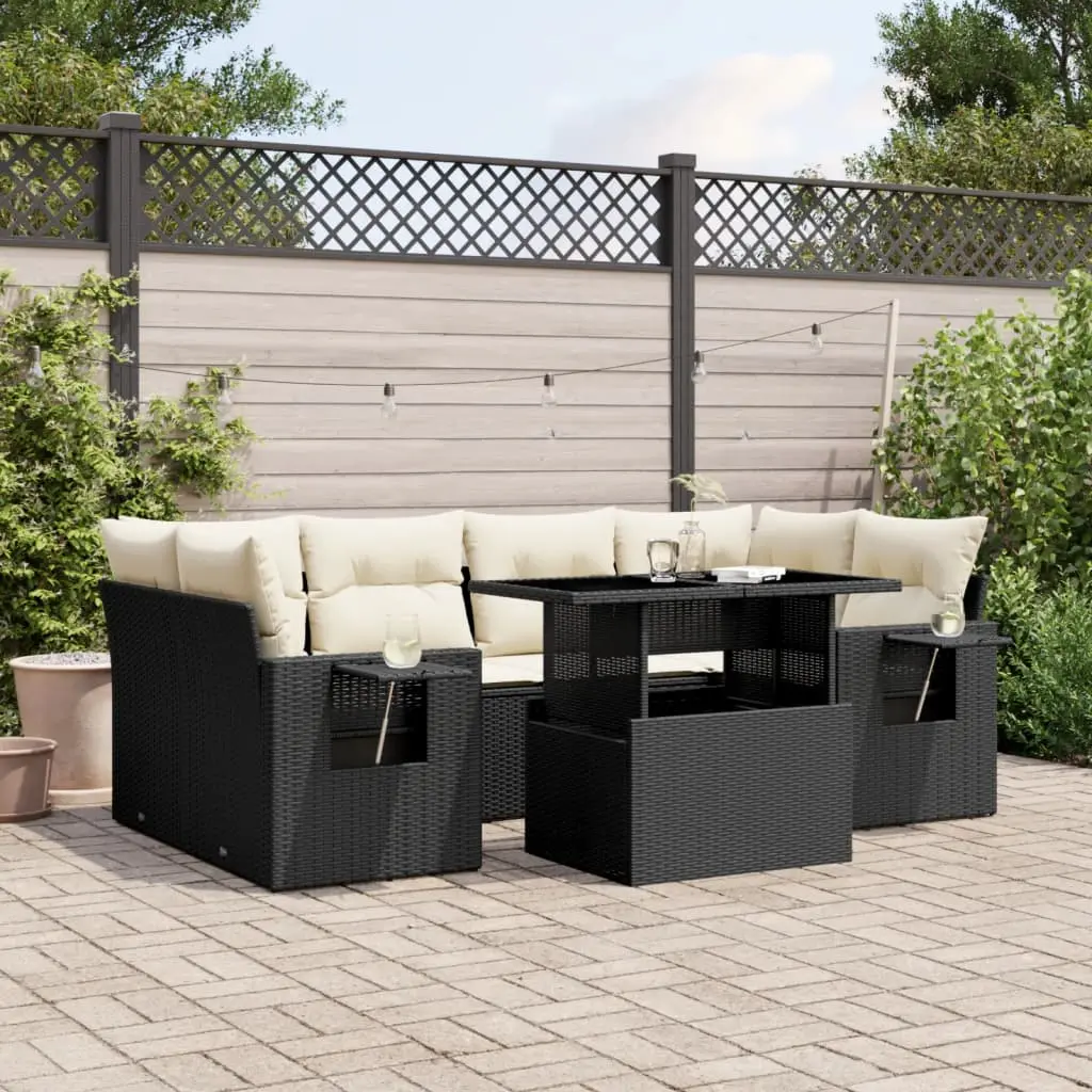 Set Divani da Giardino con Cuscini 7pz Nero Polyrattan